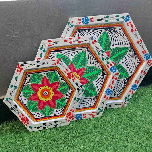 Hexagon Set of Three Tray Truck Art Handmade in White Color