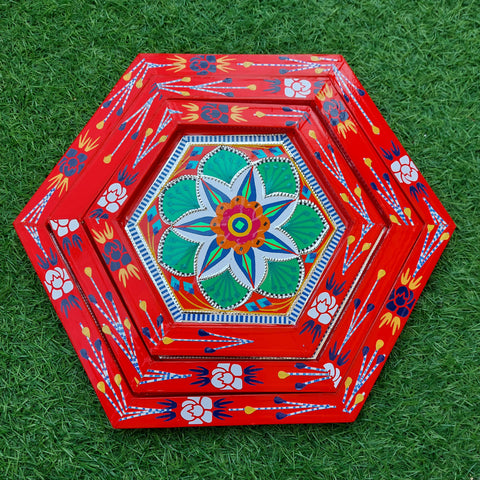 Hexagon Shape Tray Truck Art Handmade in Red Color