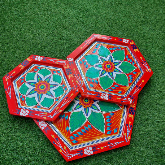 hexagon-shape-tray-truck-art-handmade-in-red-color-naqshi.pk-kitchen-decor-trays-truck-art-0