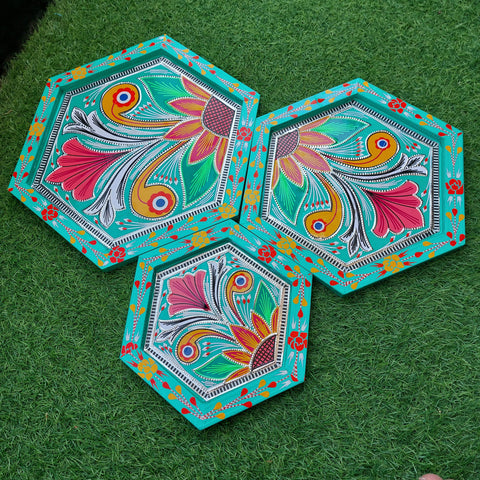 Hexagon Set of Three Tray Truck Art Handmade in Blue Color
