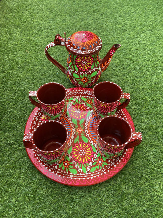 Unique Tea Set in Red Handpainted Truck Art Traditions.