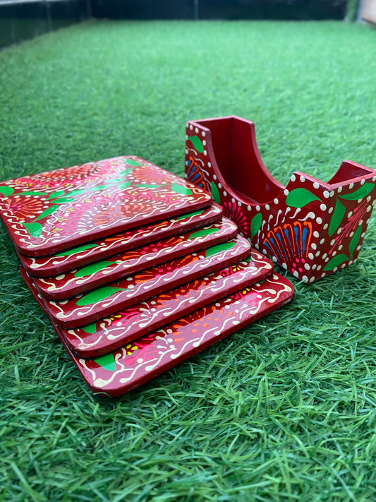 Square Shape Hand Painted Tea Coster Red Color