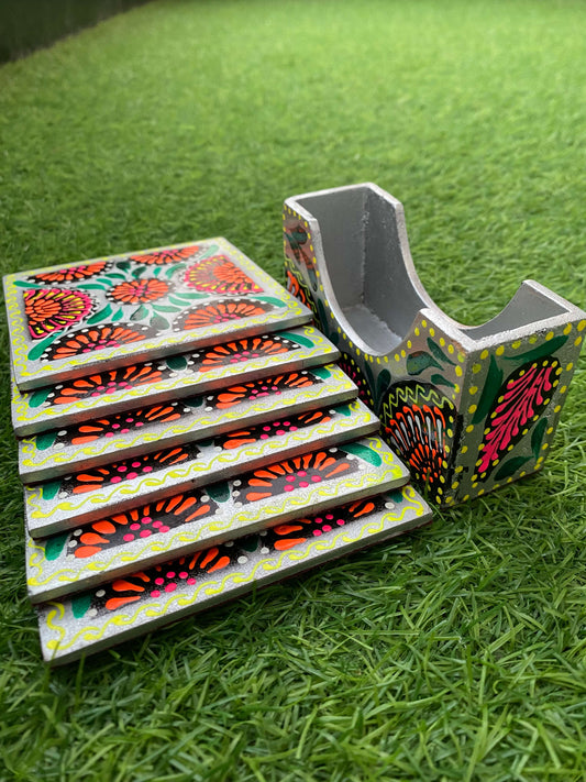 Square Shape Hand Painted Tea Coster in Grey.
