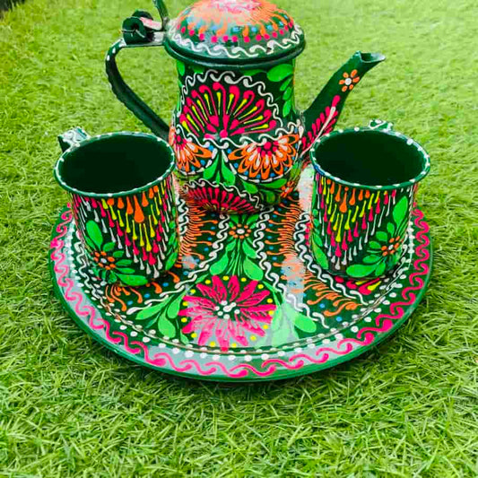 unique-tea-set-in-green-truck-art-pakistan-traditions.-naqshi.pk-chainak-kitchen-decor-tea-set-truck-art-0