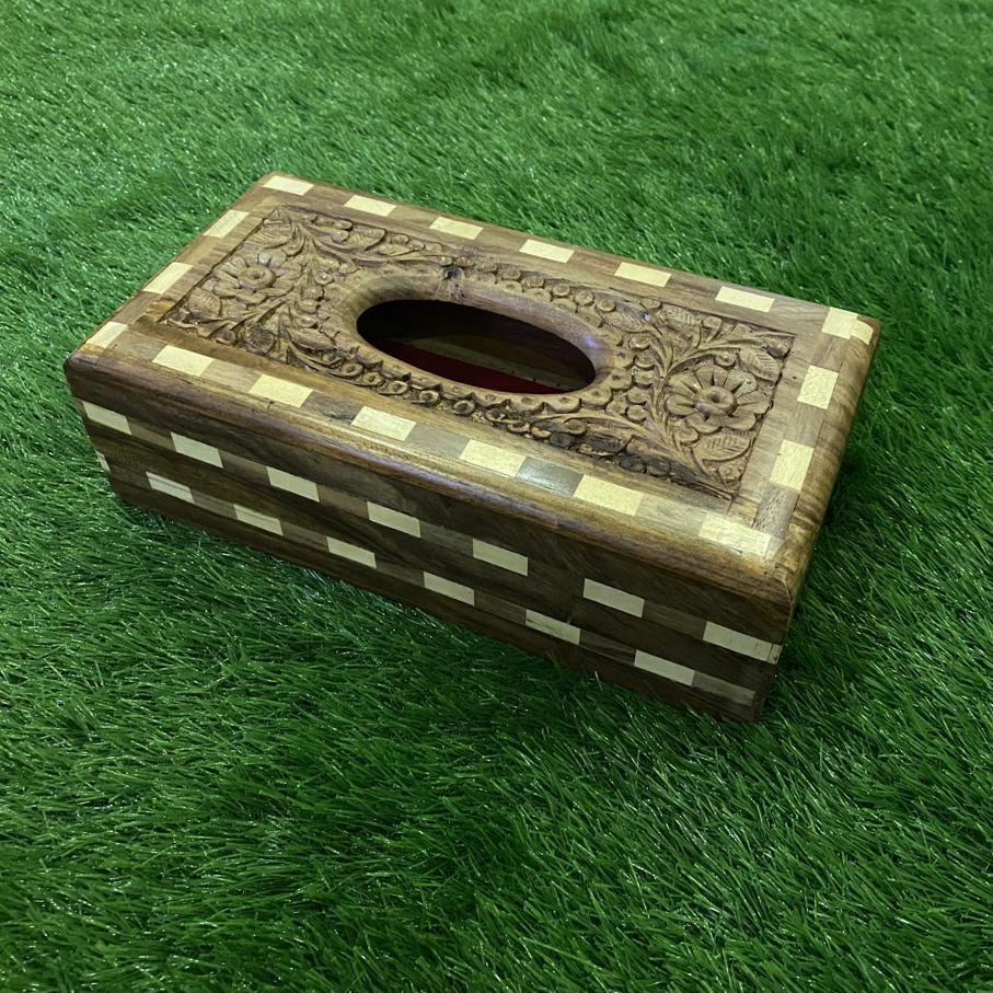 Wooden and Brass Checkered Tissue Box