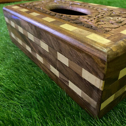 Wooden and Brass Checkered Tissue Box